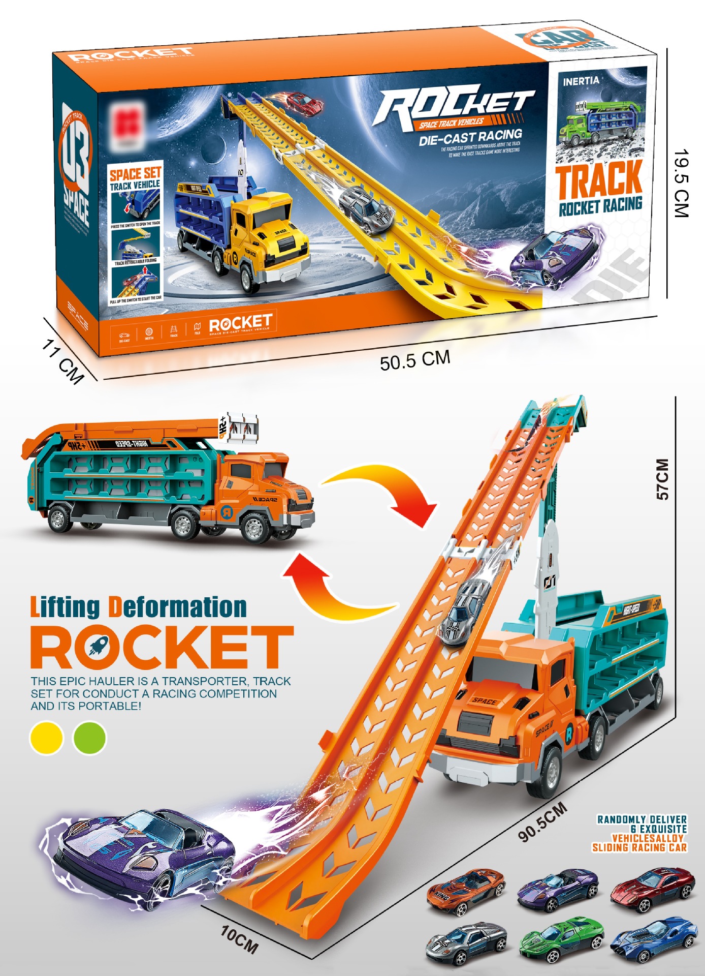 Hot selling children's inertial deformation gliding lifting rocket rail car foldable storage boy toy set