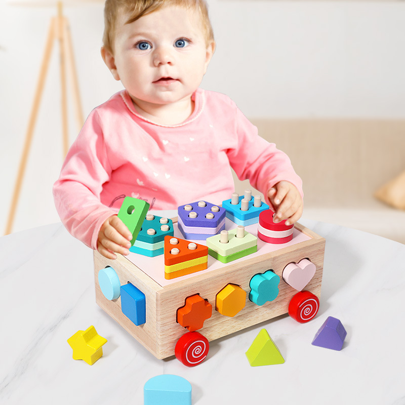 Hot selling Montessori learning building blocks colorful column set intelligence box toy young children shape classification toys