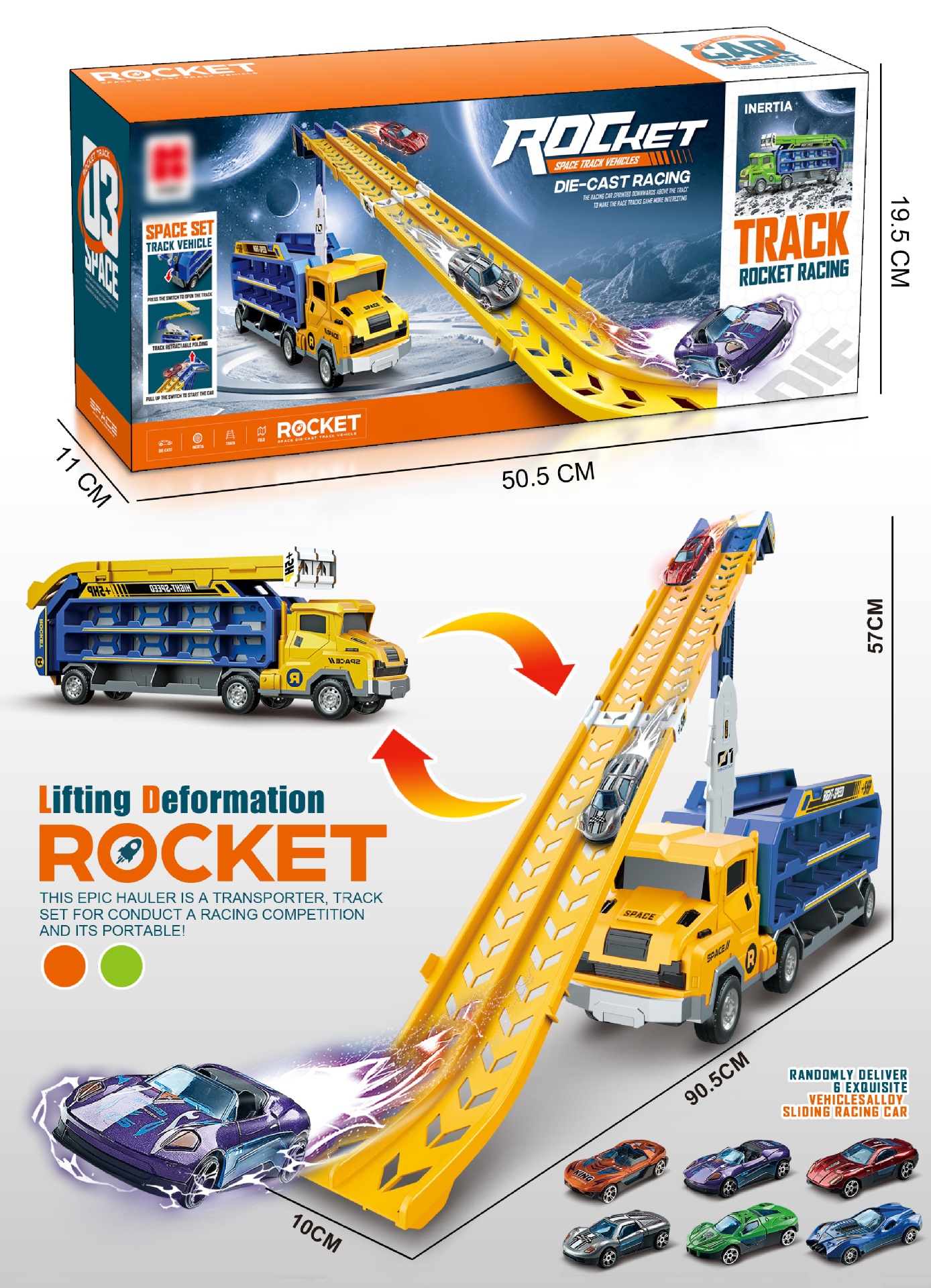 Hot selling children's inertial deformation gliding lifting rocket rail car foldable storage boy toy set