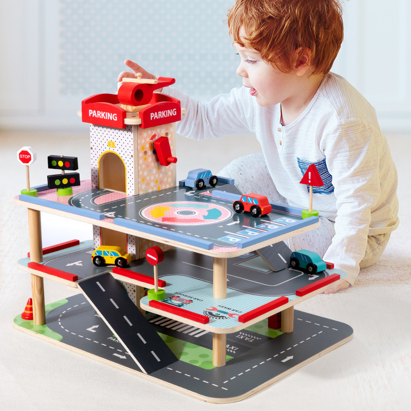 Hot sale children's wooden simulation play house large three-dimensional three-layer car parking lot assembly track educational toy