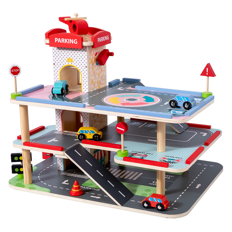 Hot sale children's wooden simulation play house large three-dimensional three-layer car parking lot assembly track educational toy