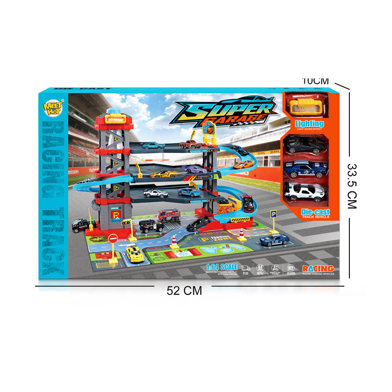 Hot sale children's multi-storey track parking lot with sound and light, car wash area with elevator, car building, color-changing alloy car