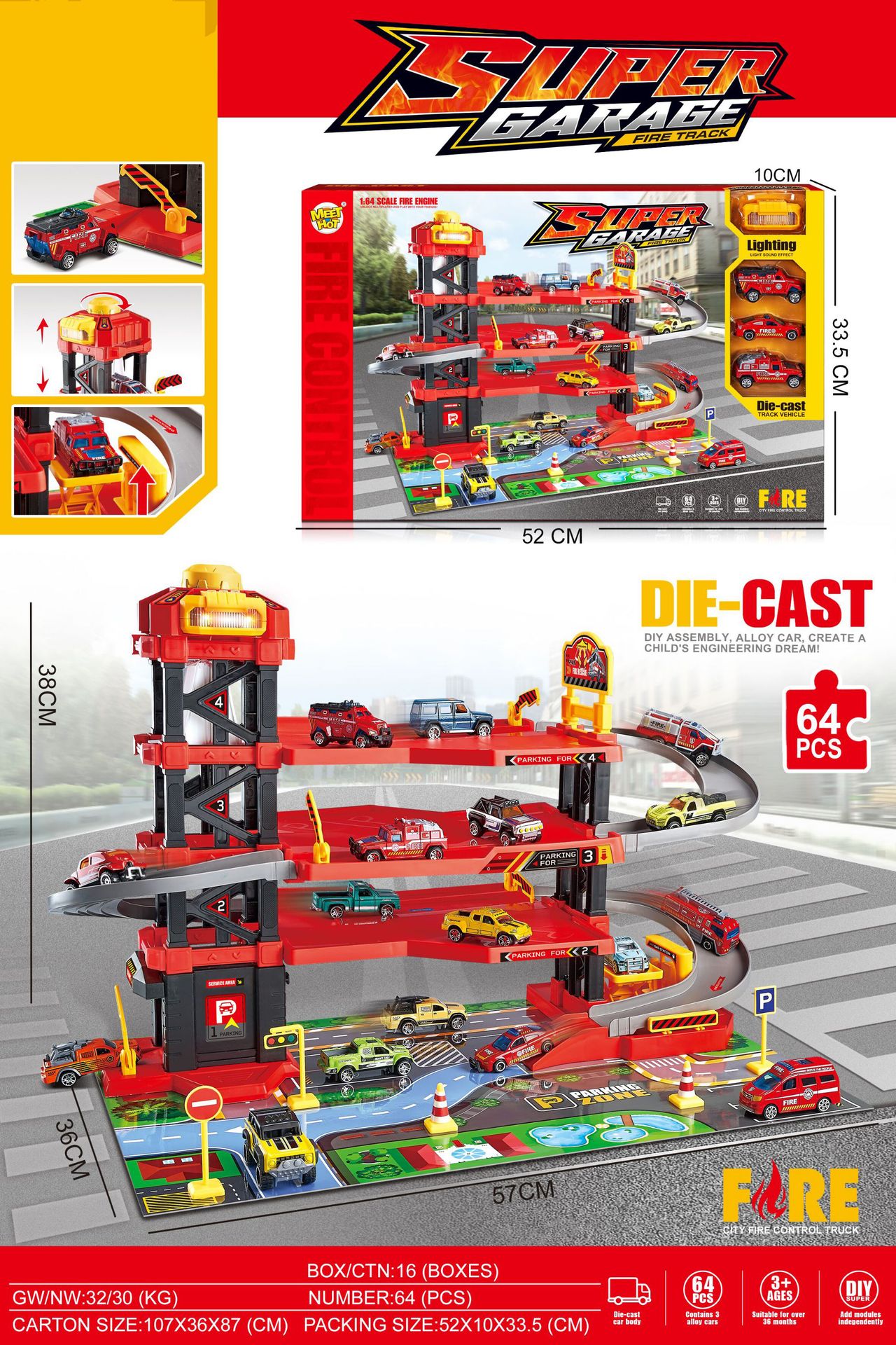 Hot sale children's multi-storey track parking lot with sound and light, car wash area with elevator, car building, color-changing alloy car