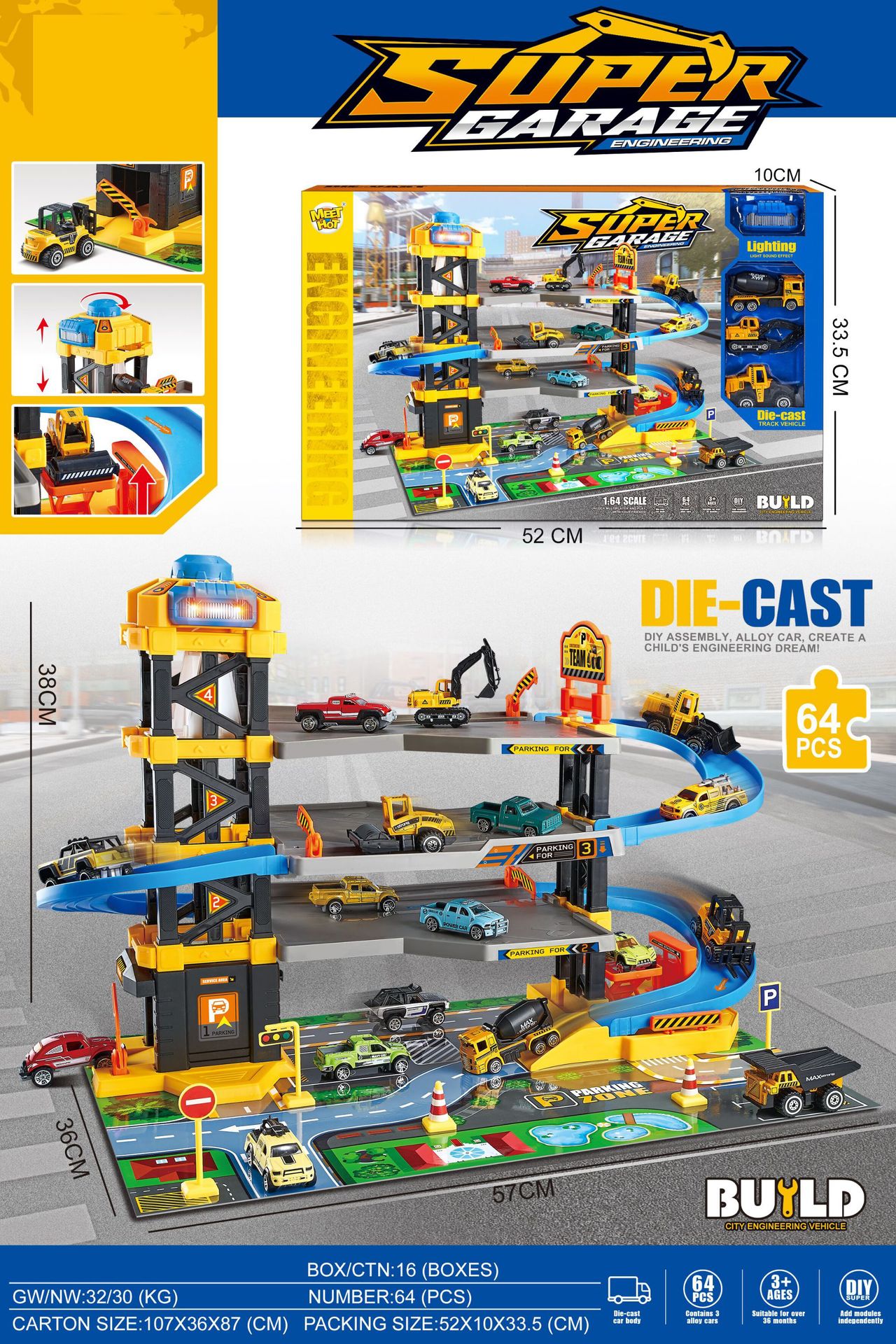 Hot sale children's multi-storey track parking lot with sound and light, car wash area with elevator, car building, color-changing alloy car