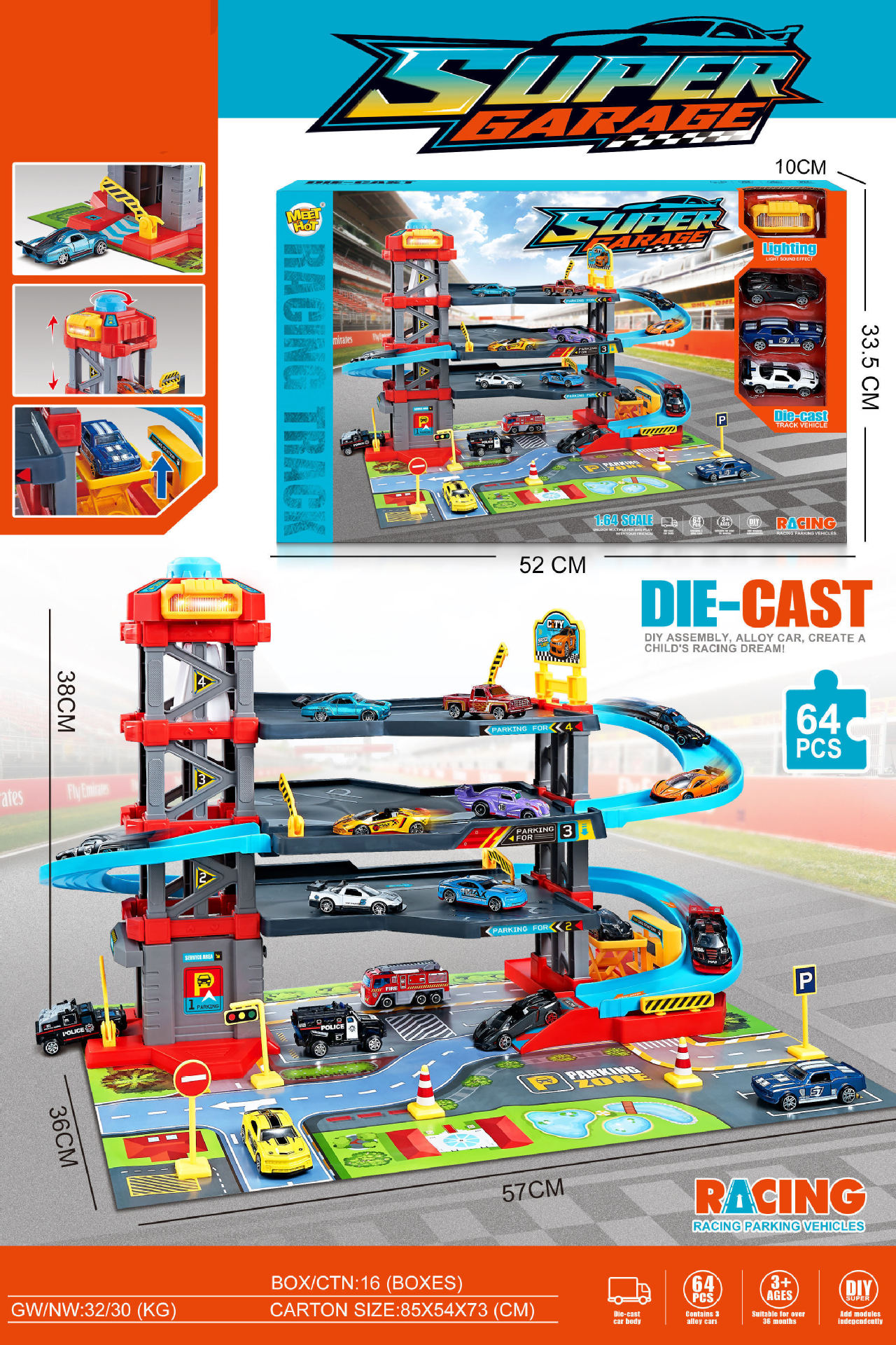 Hot sale children's multi-storey track parking lot with sound and light, car wash area with elevator, car building, color-changing alloy car