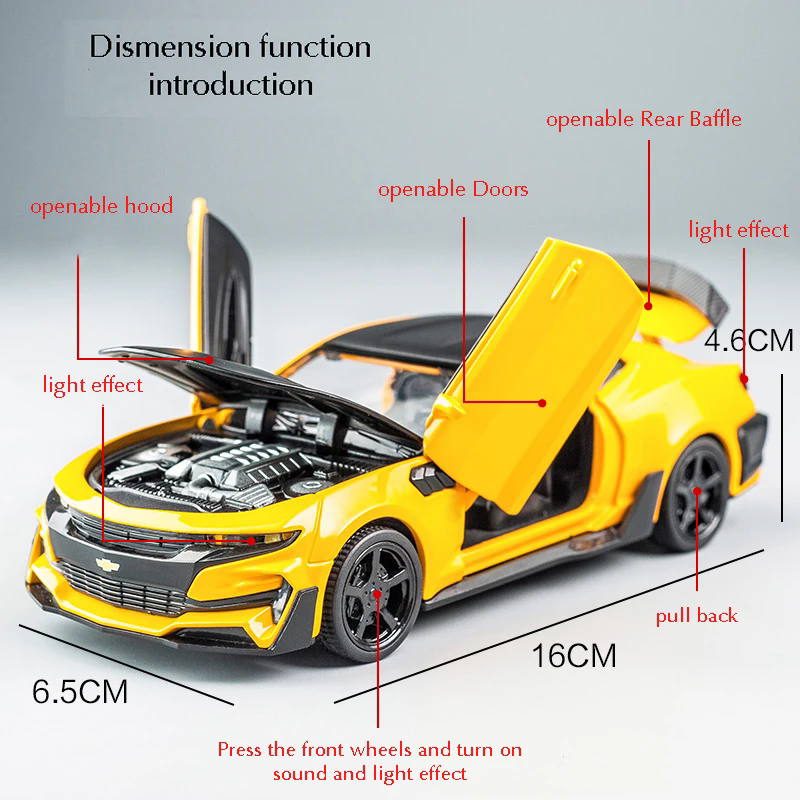 Modelo de coche de aleación fundido a presión Chevrolet Camaro 1:32, sonido y luz, coche de juguete retráctil
