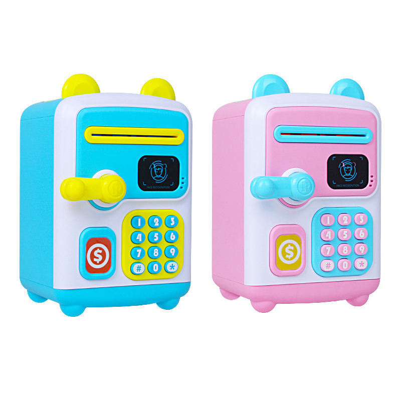 Hot selling portable children's smart password electric coin-rolling piggy bank with cartoon music simulation and face recognition