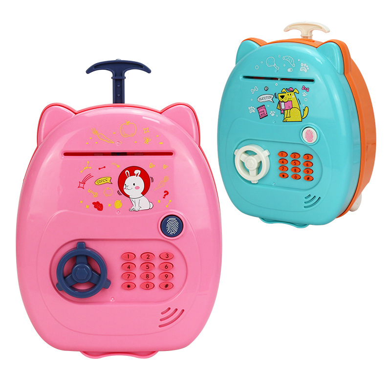 Hot selling trolley case piggy bank children's new cartoon cat cute password music suitcase simulation fingerprint piggy bank wholesale