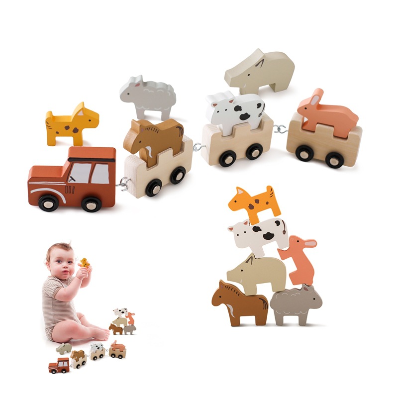 Children's Wooden Farm Animal Train Baby Enlightenment Stacking Cognitive Toy Educational Toy