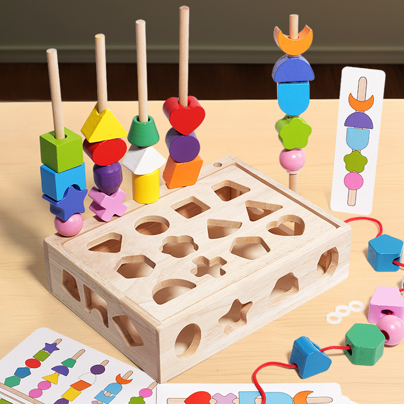Wooden children's colorful five-column set rainbow string beads geometric matching cognitive puzzle toys
