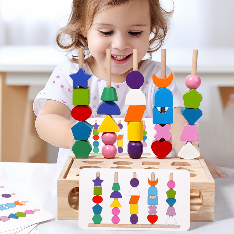 Wooden children's colorful five-column set rainbow string beads geometric matching cognitive puzzle toys