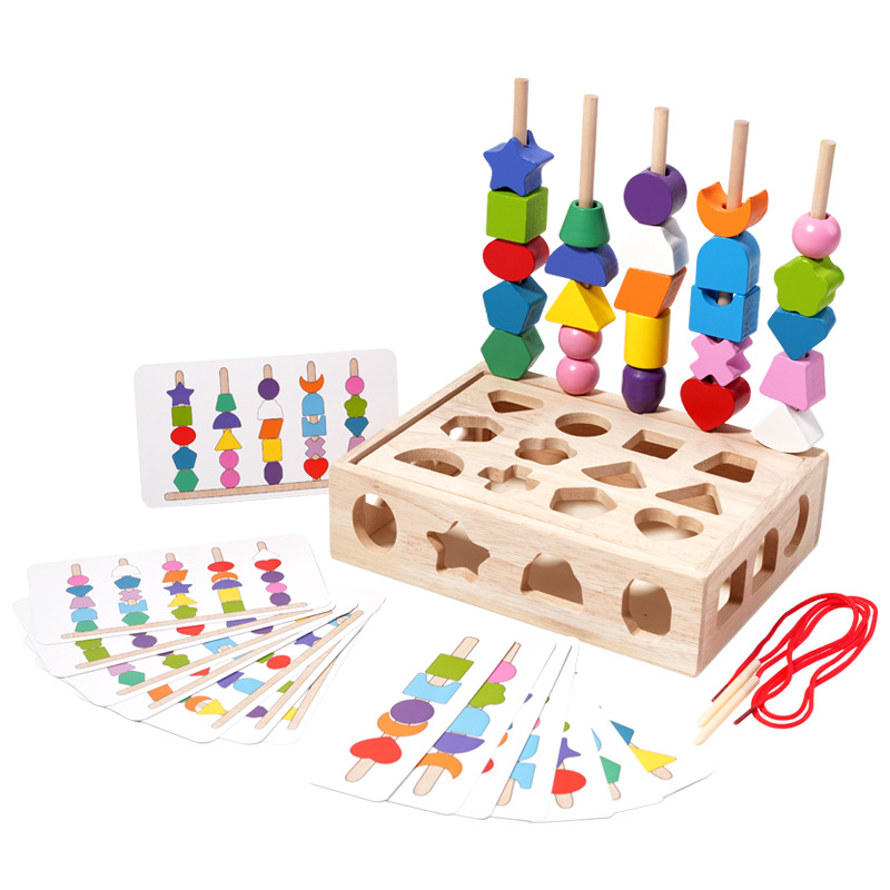 Wooden children's colorful five-column set rainbow string beads geometric matching cognitive puzzle toys