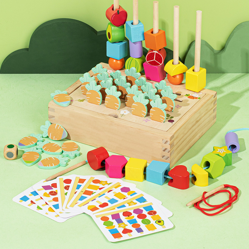 Wooden children's colorful five-column set rainbow string beads geometric matching cognitive puzzle toys