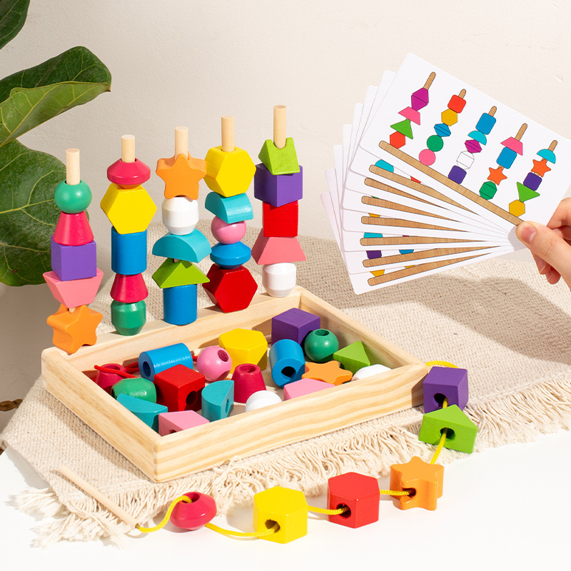 Wooden children's colorful five-column set rainbow string beads geometric matching cognitive puzzle toys