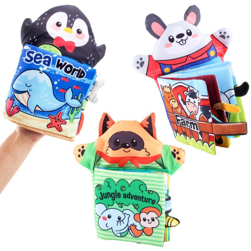 Best-selling manufacturer's supply of baby early education cloth books 2-in-1 3D hand puppet cloth books, tear-resistant animal tail hand books