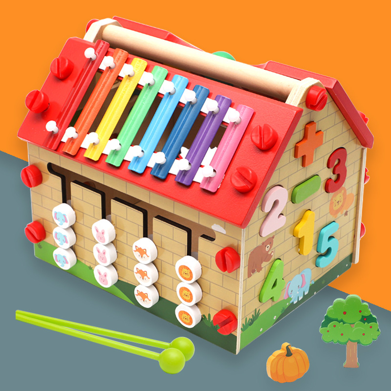 Hot selling children's early education wooden wisdom house number shape matching cognitive building blocks nut disassembly house educational toys