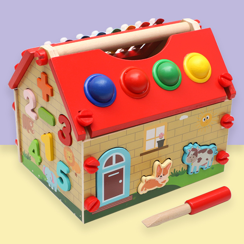 Hot selling children's early education wooden wisdom house number shape matching cognitive building blocks nut disassembly house educational toys