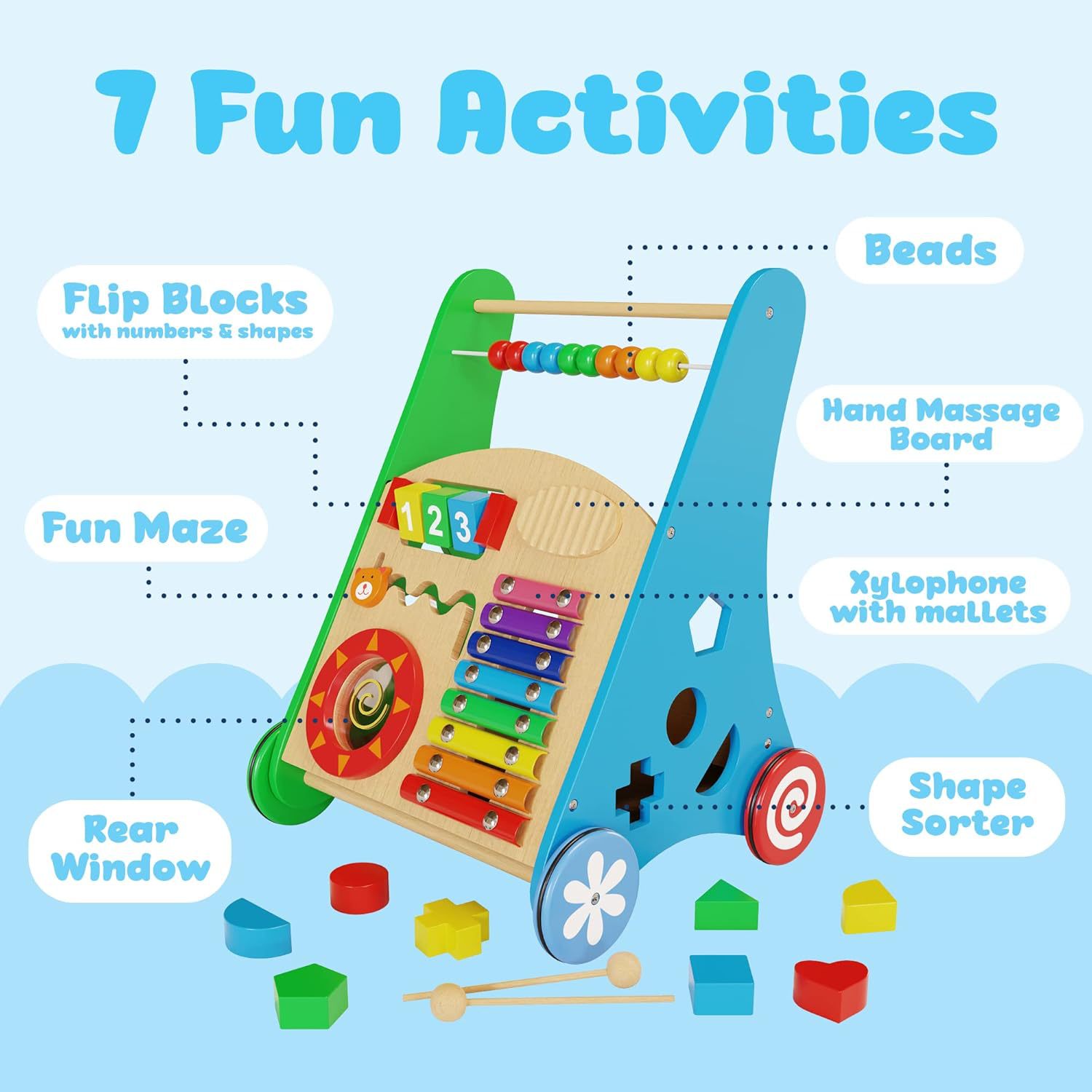 Baby Early Education Educational Wooden Children Multifunctional Walker Trolley Toy