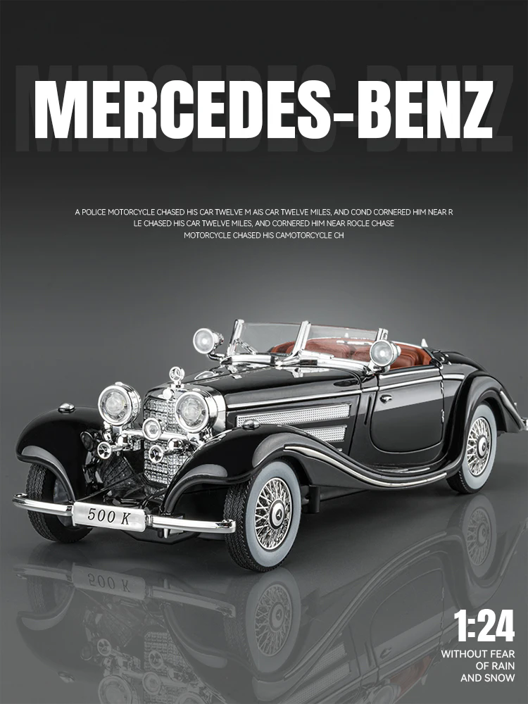 Modelo de coche fundido a presión 1:24, aleación de metal Mercedes-Benz 500K, adornos de coche clásico nostálgico, coche de juguete