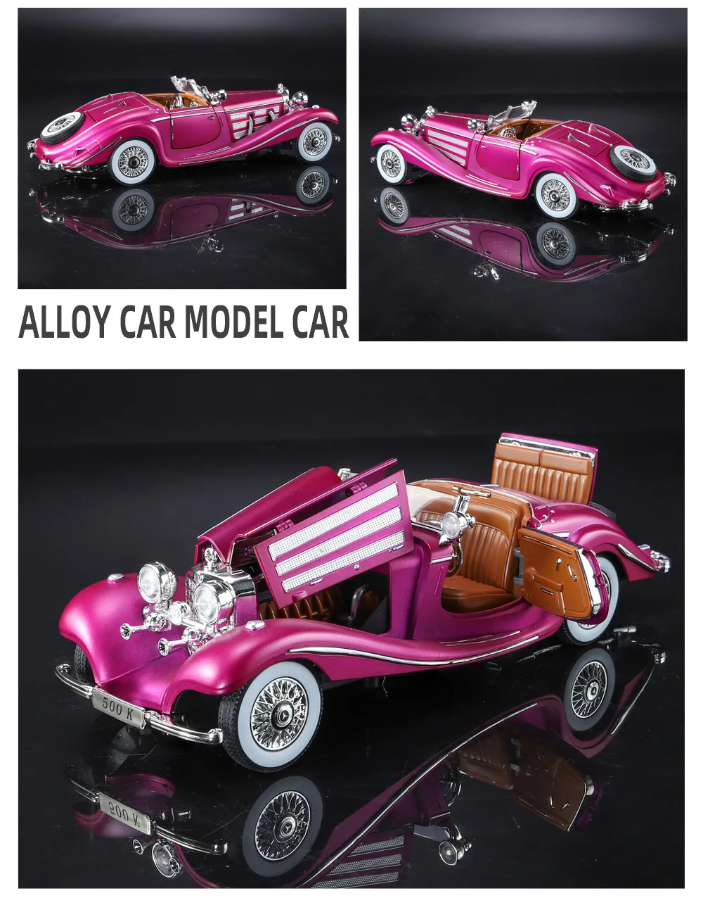 Modelo de coche fundido a presión 1:24, aleación de metal Mercedes-Benz 500K, adornos de coche clásico nostálgico, coche de juguete