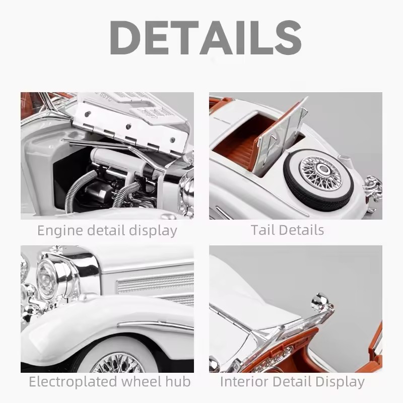 Modelo de coche fundido a presión 1:24, aleación de metal Mercedes-Benz 500K, adornos de coche clásico nostálgico, coche de juguete
