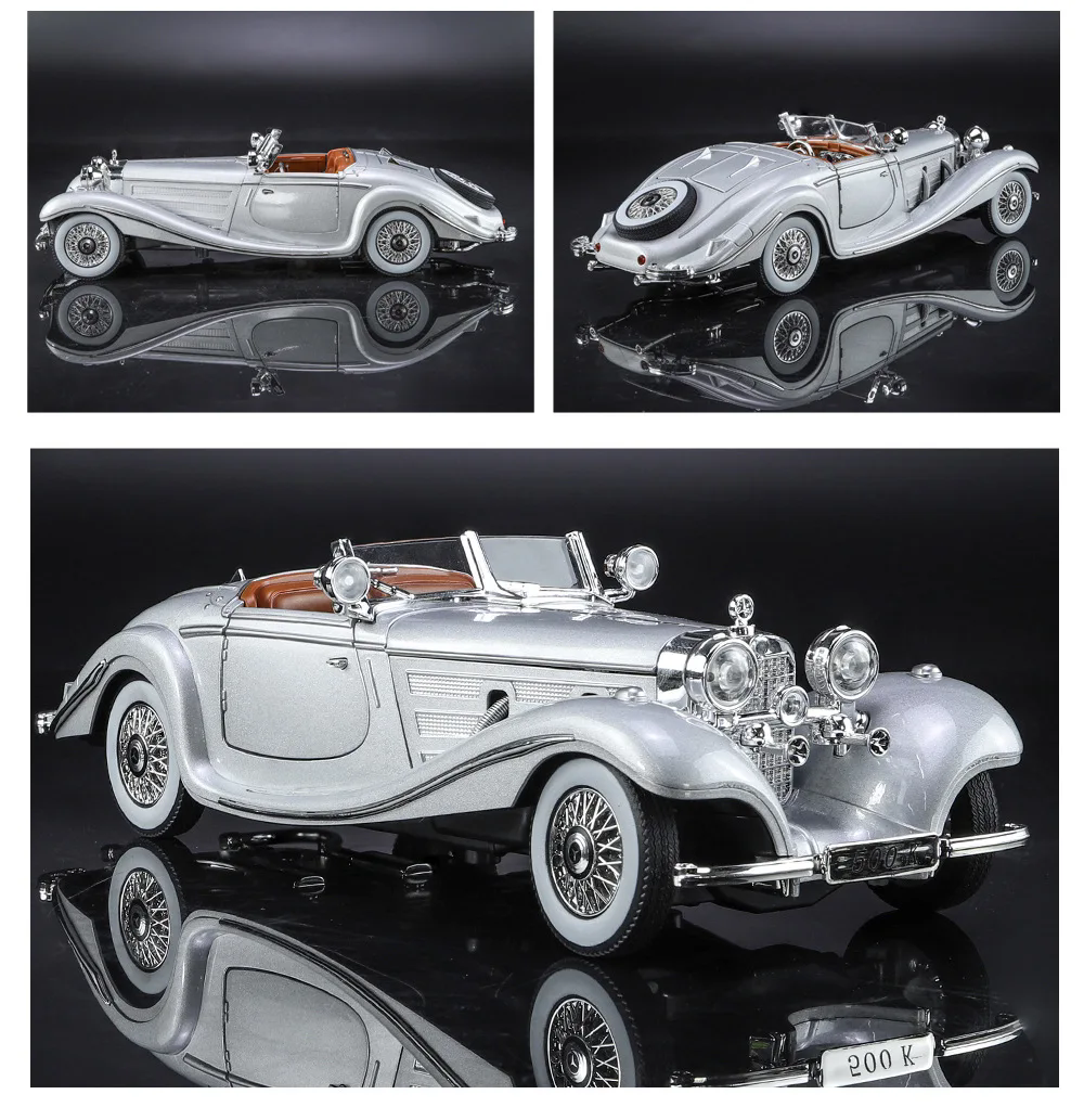 Modelo de coche fundido a presión 1:24, aleación de metal Mercedes-Benz 500K, adornos de coche clásico nostálgico, coche de juguete