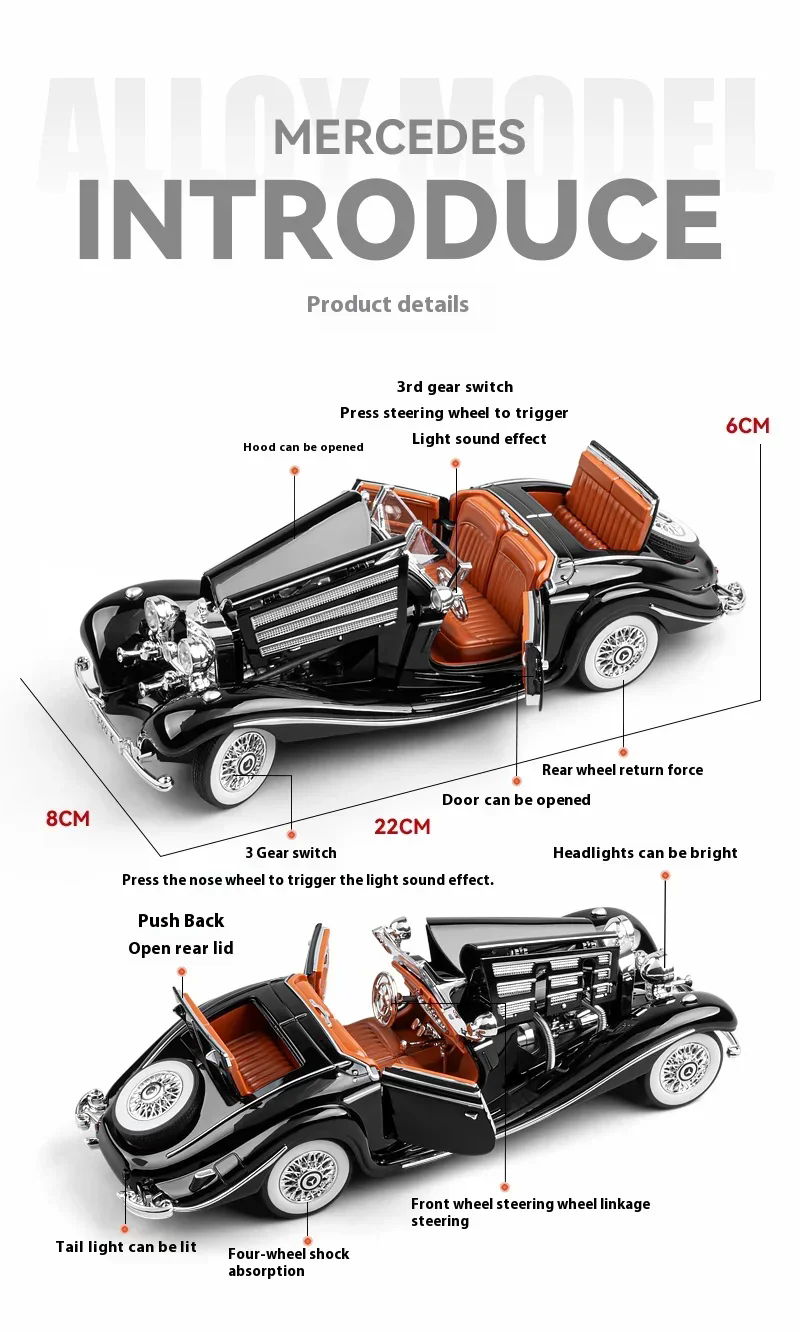 Modelo de coche fundido a presión 1:24, aleación de metal Mercedes-Benz 500K, adornos de coche clásico nostálgico, coche de juguete