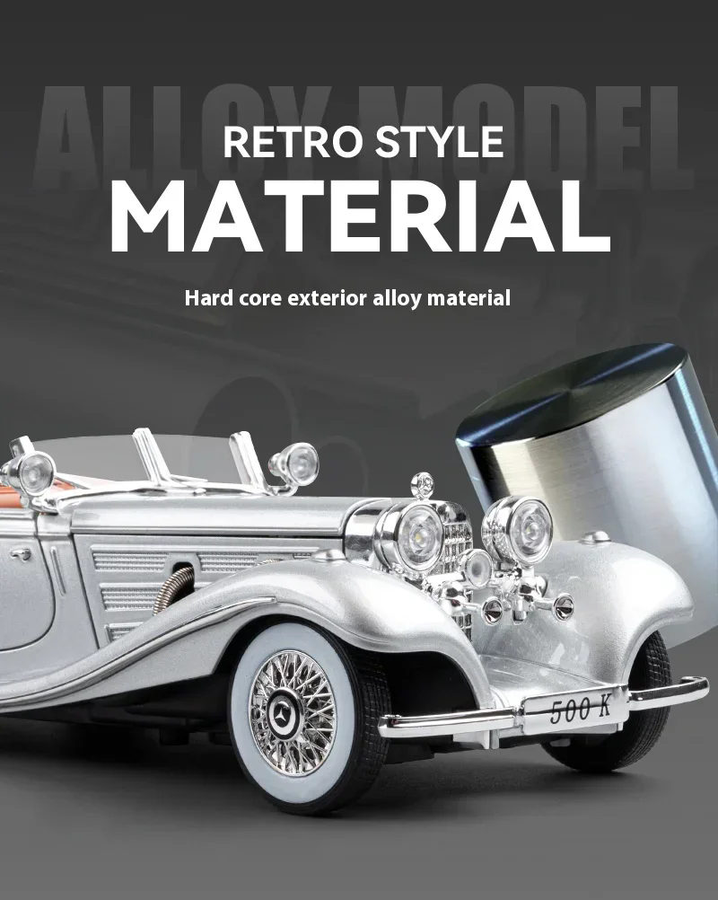 Modelo de coche fundido a presión 1:24, aleación de metal Mercedes-Benz 500K, adornos de coche clásico nostálgico, coche de juguete