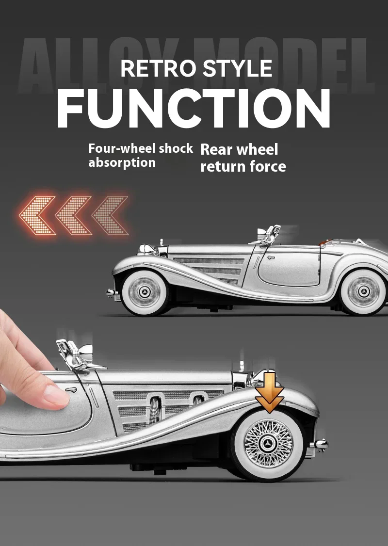 Modelo de coche fundido a presión 1:24, aleación de metal Mercedes-Benz 500K, adornos de coche clásico nostálgico, coche de juguete