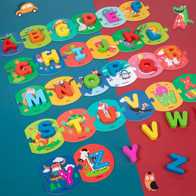 Hot selling English letter card splicing 3D matching puzzle for children's educational early childhood education wooden animal puzzle