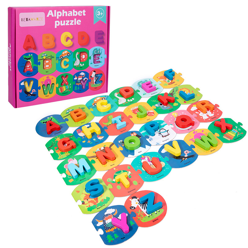 Hot selling English letter card splicing 3D matching puzzle for children's educational early childhood education wooden animal puzzle