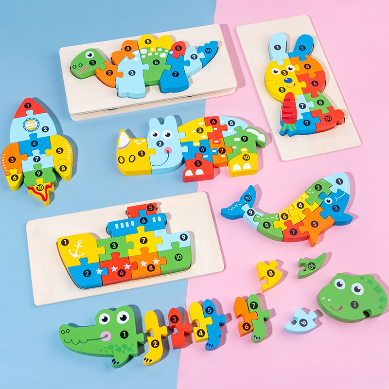 Wooden early childhood education children's educational building blocks animal shape recognition matching 3D stereo puzzle