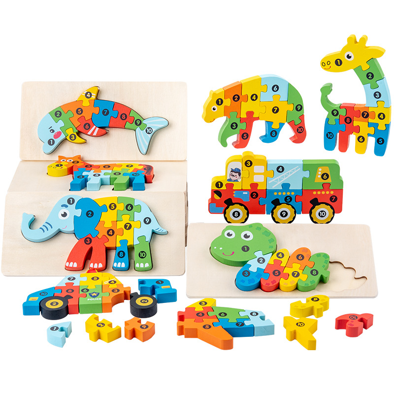 Wooden early childhood education children's educational building blocks animal shape recognition matching 3D stereo puzzle