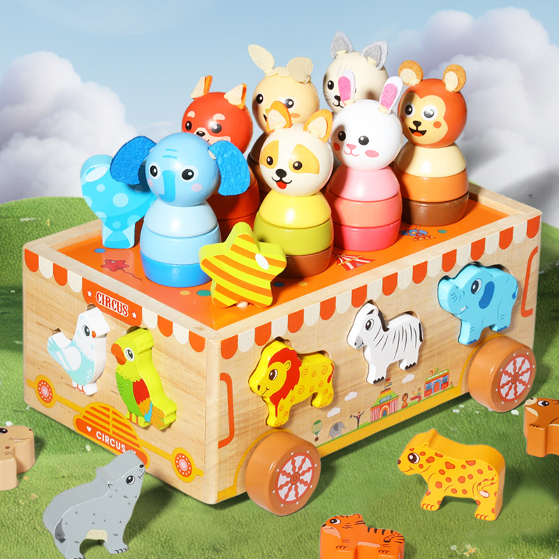 Montessori wooden toys, circus animal carts