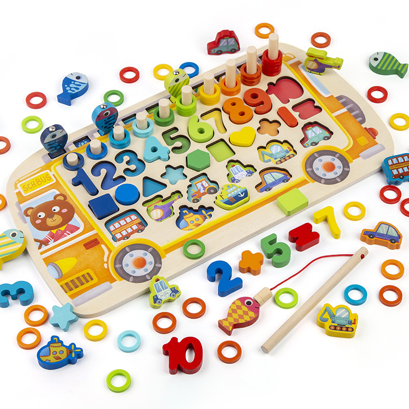 Bestselling children's magnetic fishing toy, educational development number puzzle building blocks, early childhood education; busy school bus.