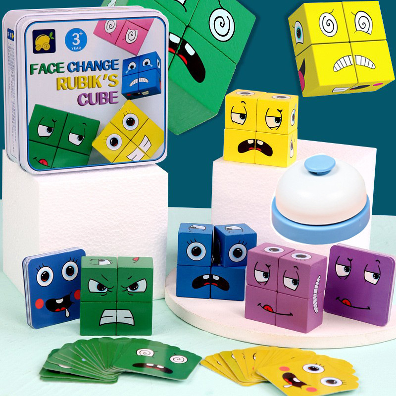 Expression-changing Rubik's Cube building block tin box children's battle toy, parent-child board game wooden challenge toy