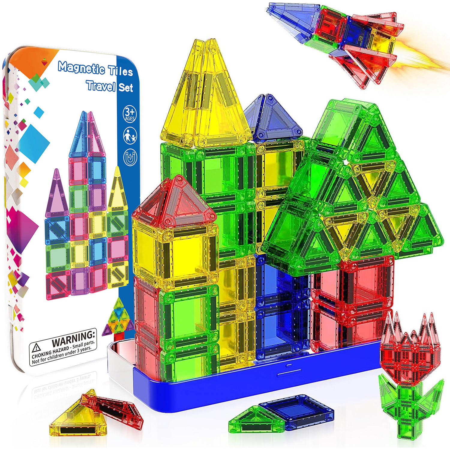 Popular 26/42-piece children's tin box mini colored window magnetic tile toy, portable travel toy