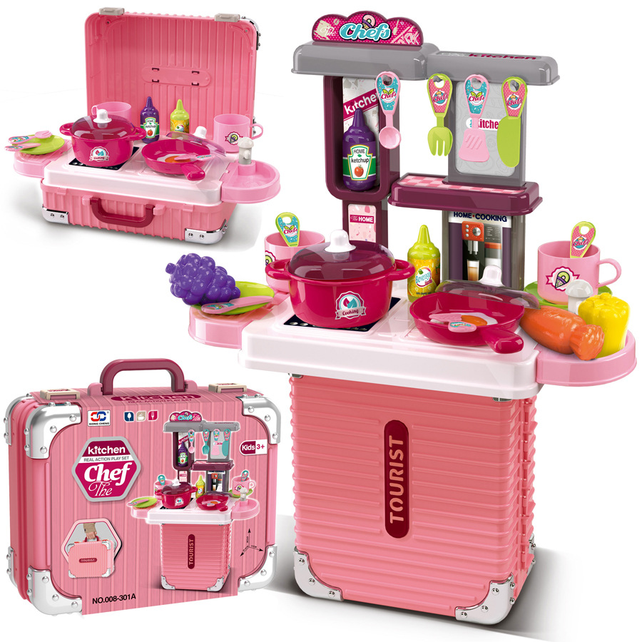 Children's pretend play toys: makeup sets, kitchenware, construction tools, doctor's medical kits, and travel suitcases.