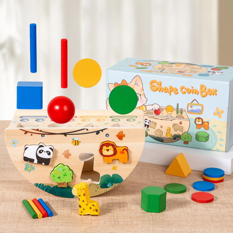 Montessori Multifunctional Matching Children's Early Education Wooden Intelligence Box Coin Box Number and Shape Matching Puzzle Toy