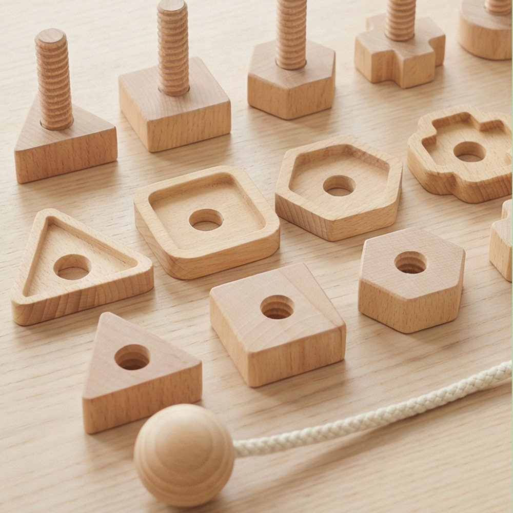 Children's wooden educational toy: Nut and rope threading game, shape matching, and fine motor skills training.