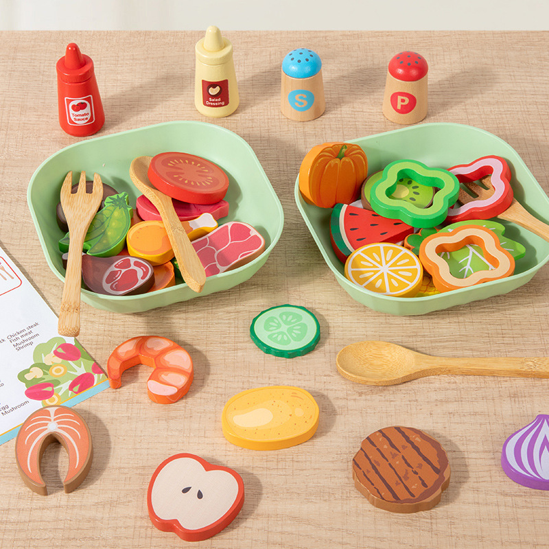 Wooden simulated vegetable salad play kitchen toy for children, educational mini chef cooking simulation toy