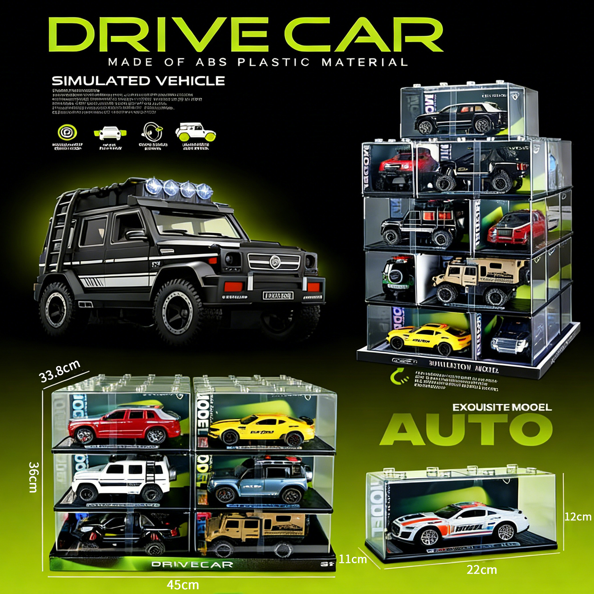 Children's toy car, boy's realistic inertial car model, can open doors, lights, music, acrylic transparent box