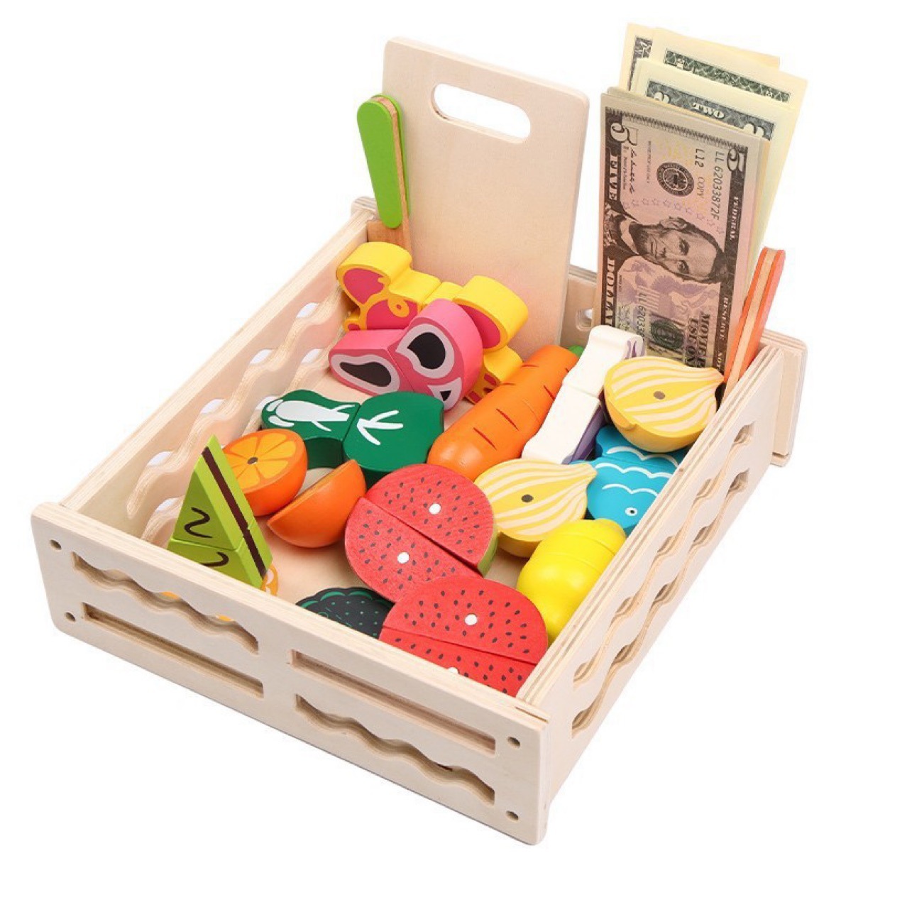 Children's pretend play vegetable and fruit cutting toy, baby kitchen cooking food educational wooden toy