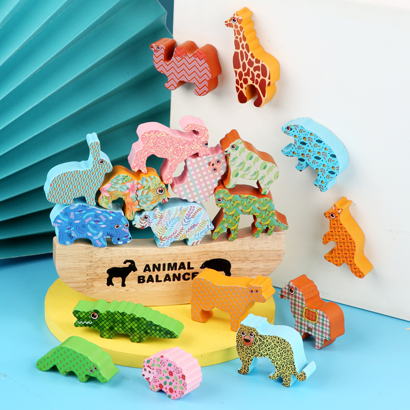 Hot-selling new wooden animal seesaw building block stacking game for babies, balance blocks, educational toys