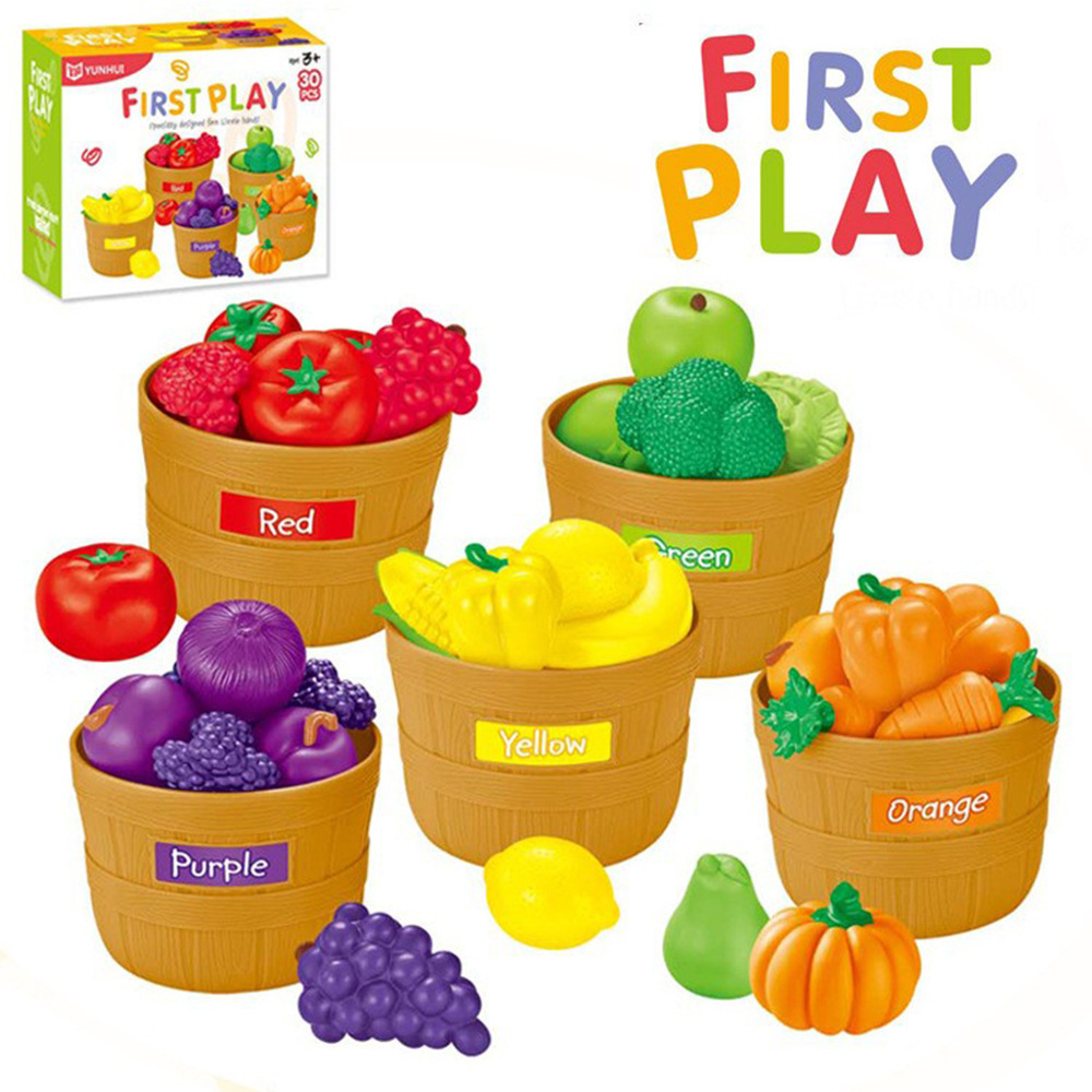 Hot-selling simulated play toys for preschoolers, focusing on color recognition and sorting of fruits and vegetables, including soft rubber toys for kitchen use.