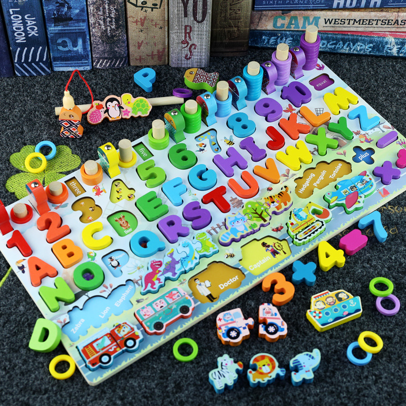Montessori wooden traffic animal seven-in-one pair number board