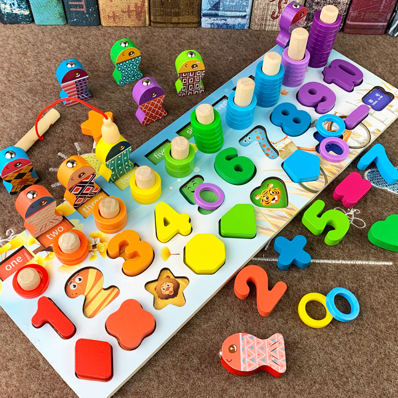 Montessori wooden toys, small five-in-one number board