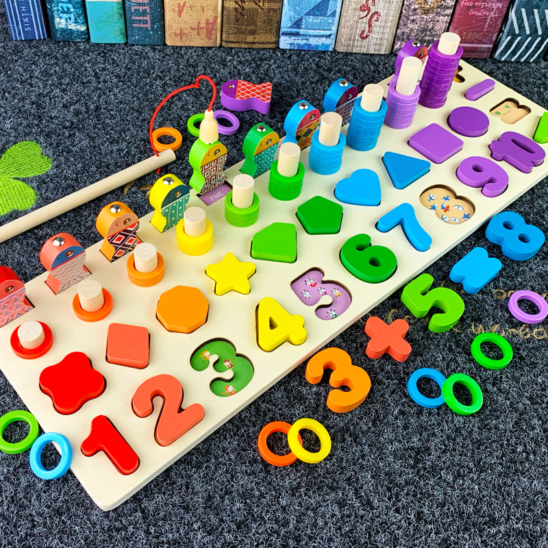 Montessori wooden toys, log five-in-one number board