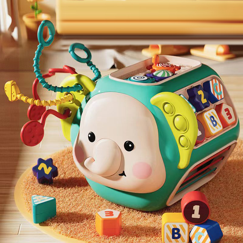 Multifunctional hand drum for children, early education teething toy for babies aged 0-3 years, light-up educational elephant octahedron toy.