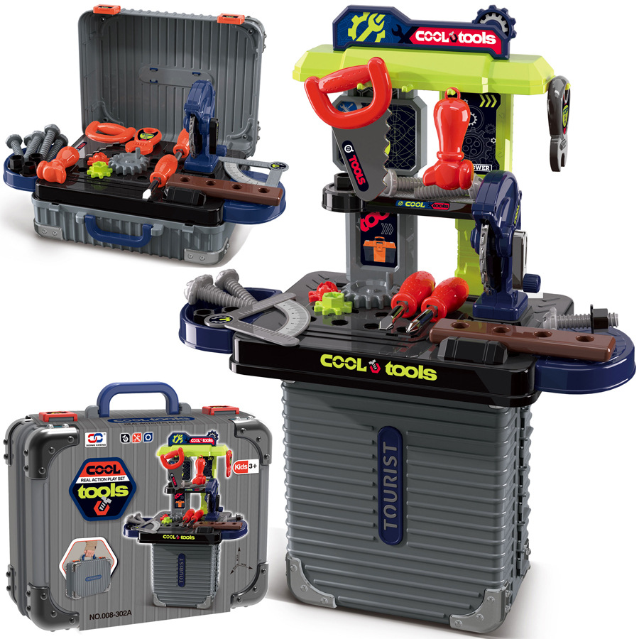 Children's pretend play toys: makeup sets, kitchenware, construction tools, doctor's medical kits, and travel suitcases.